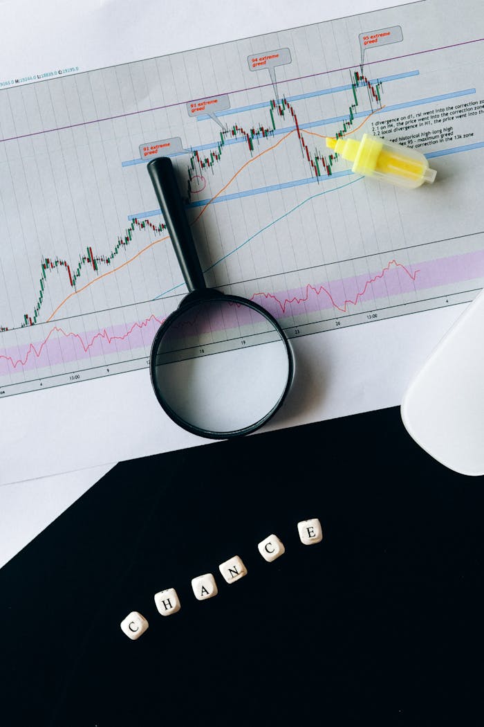 about-us-02 A conceptual still life of a stock chart with magnifying glass and chance text.